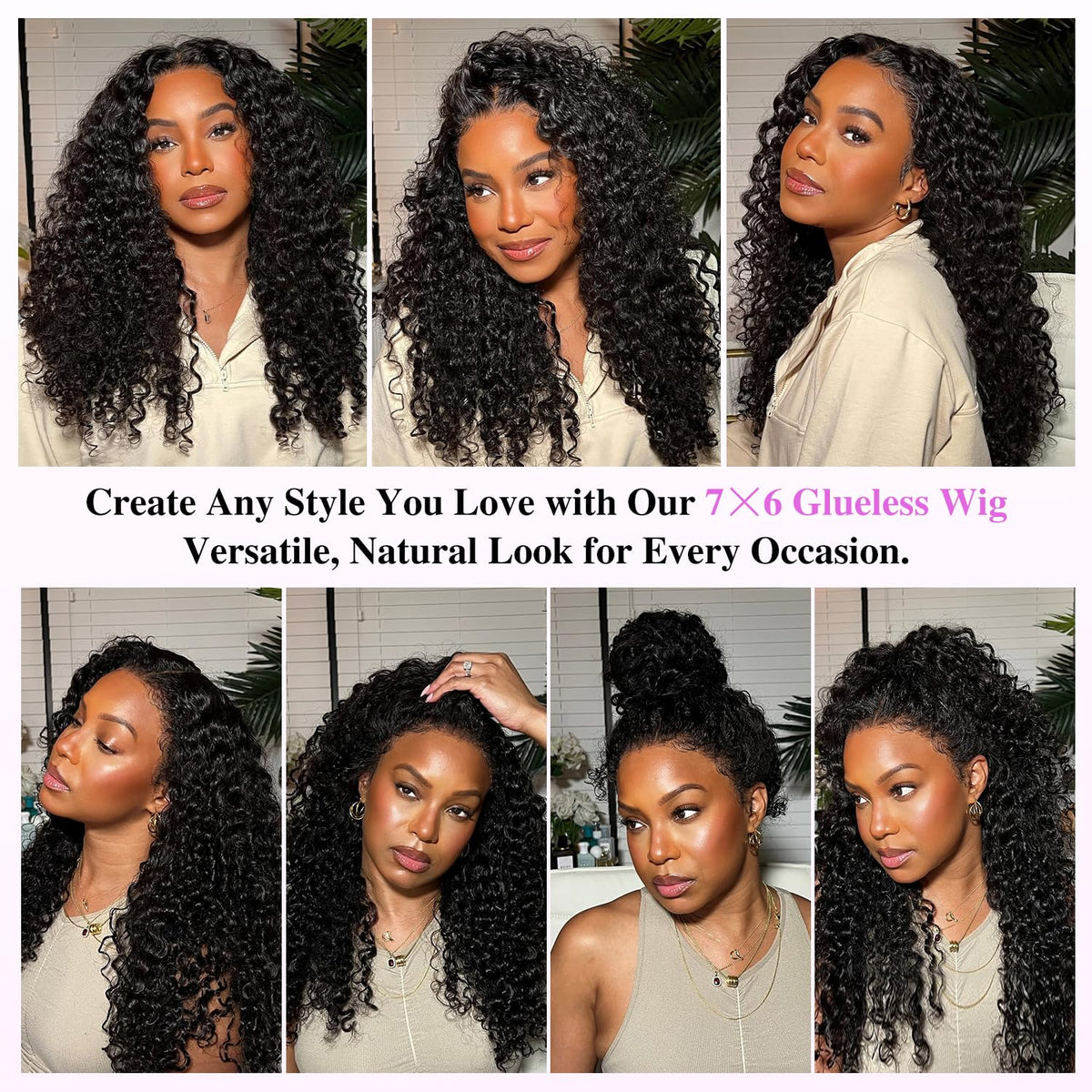 7X6 Burmese Curly Glueless Wigs Human Hair Pre Plucked Pre Cut 250% Density Drawstring Wig for Black Women 7X6 HD Lace Front Wigs Human Hair Glueless Wear and Go Natural Color 24 Inch