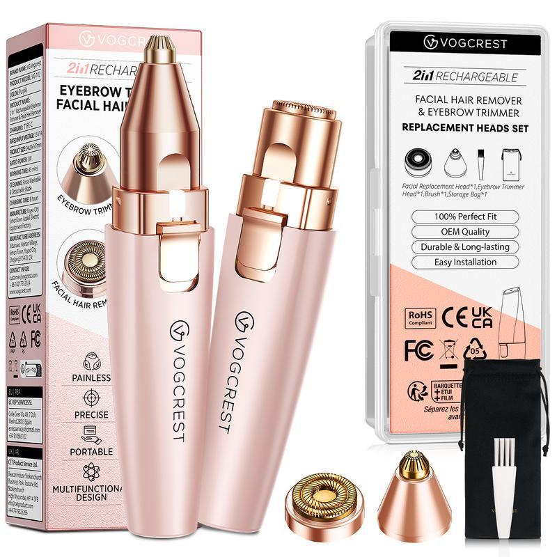 VG VOGCREST 2In1 Rechargeable Eyebrow Trimmer & Facial Hair Remover with LED Light - Painless Precision Shaver for Face, Lips, and Body - Comfort
