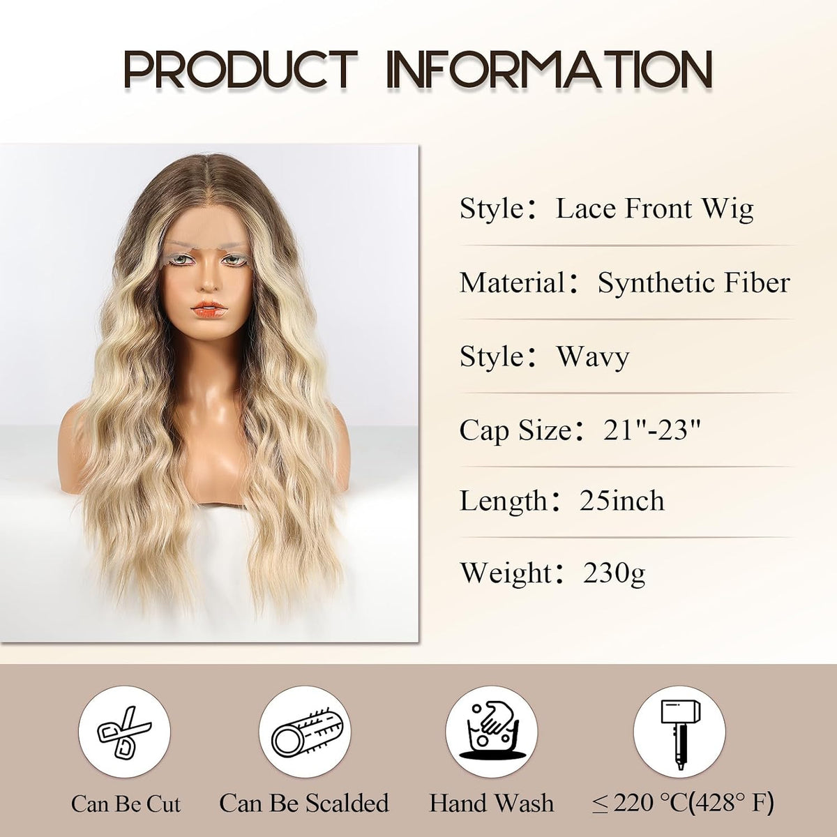 Long Ombre Blonde Lace Front Wig for Women,25 Inch Natural Wavy Daily Hair Synthetic Lace Wigs Middle Part,Hand Tied/Longlife/Lightweight
