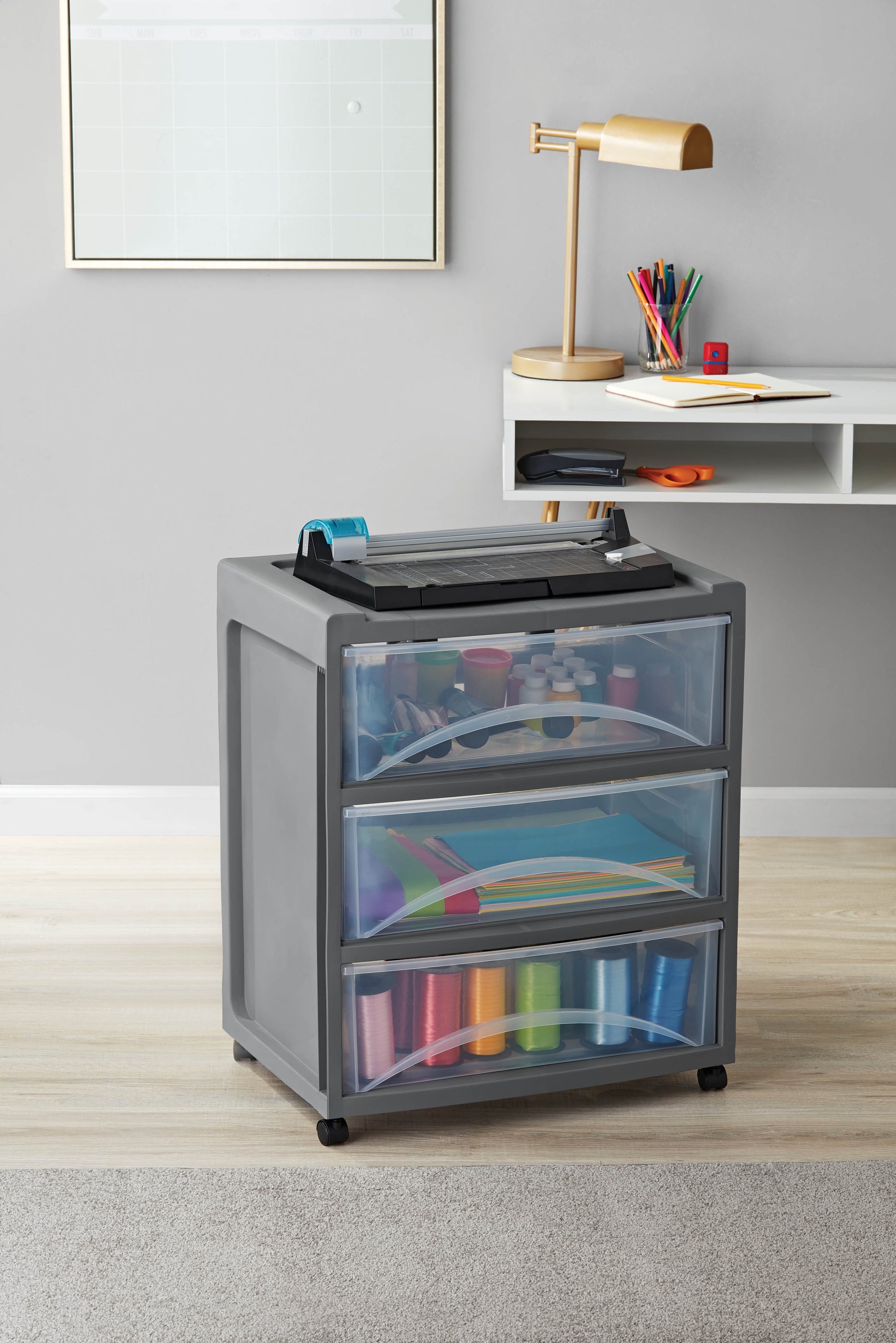 3 Drawer Wide Storage Cart, Gray