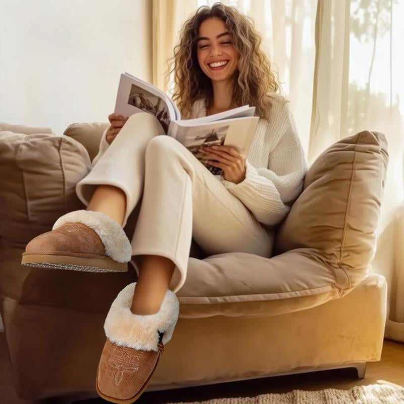 OOW Western Fluffy Slippers for Women with Memory Foam Comfy Houes Cowgirl Boot Slippers for Bedroom Indoor Square Toe Winter Walking Shoes Chestnut