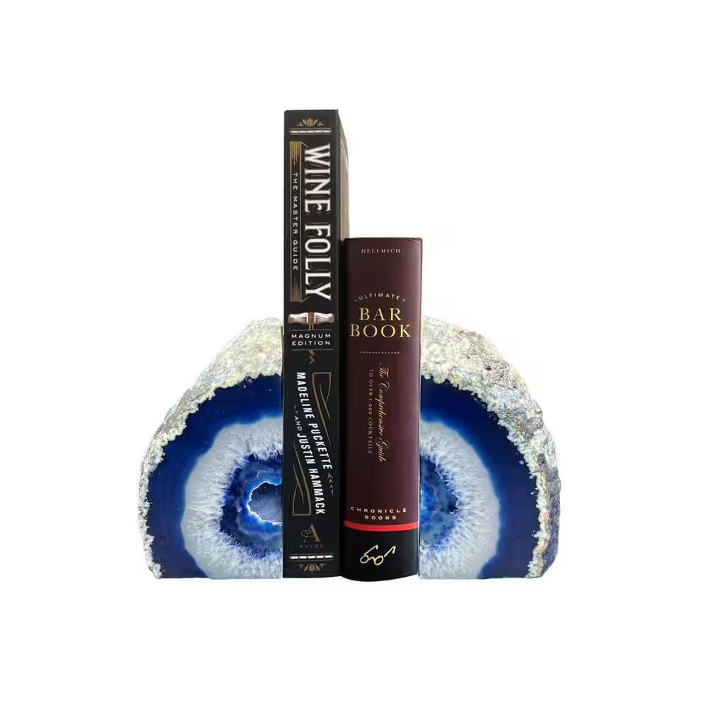Natural Blue Agate Geode Bookends, Decorative Book Ends for Shelves, Stackable Book Stopper for Home Office Decor