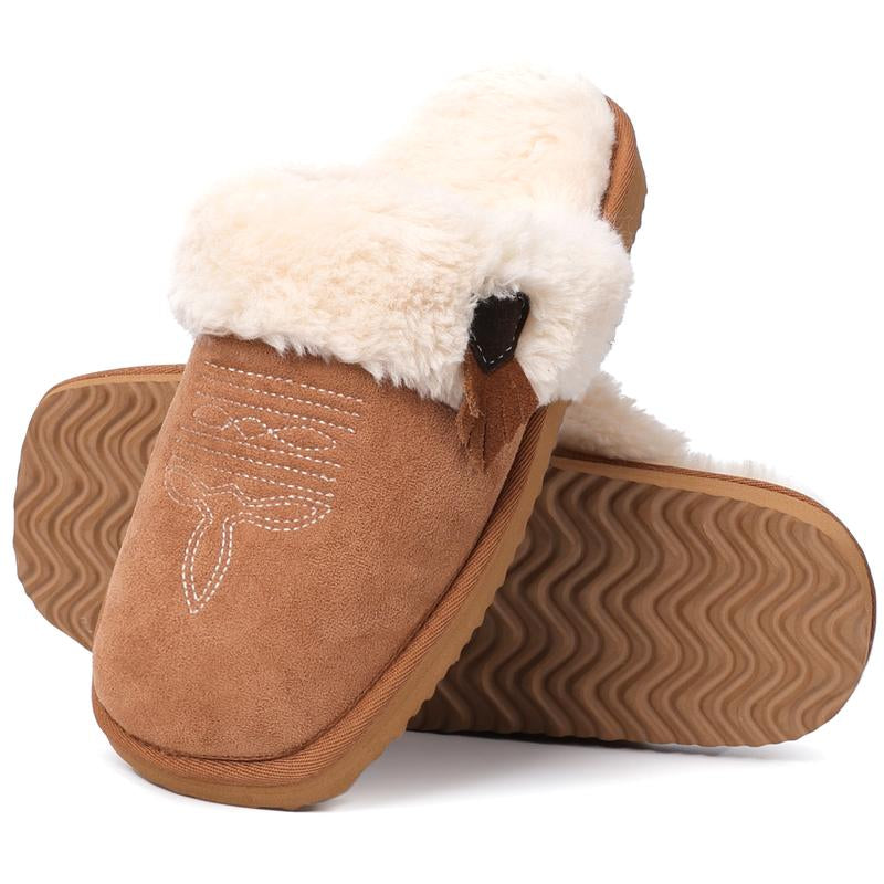 OOW Western Fluffy Slippers for Women with Memory Foam Comfy Houes Cowgirl Boot Slippers for Bedroom Indoor Square Toe Winter Walking Shoes Chestnut
