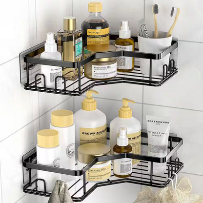 2-Pack Adhesive Stainless Steel Corner Shower Caddy Organizer Shelf with 8 Hooks