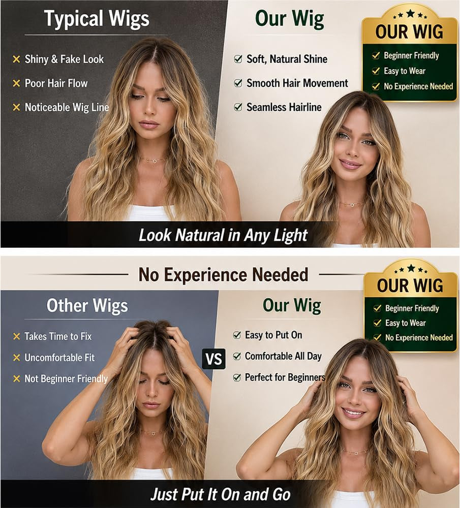 Blonde Wig for Women,26 Inch Long Wavy Curly Middle Part Hair