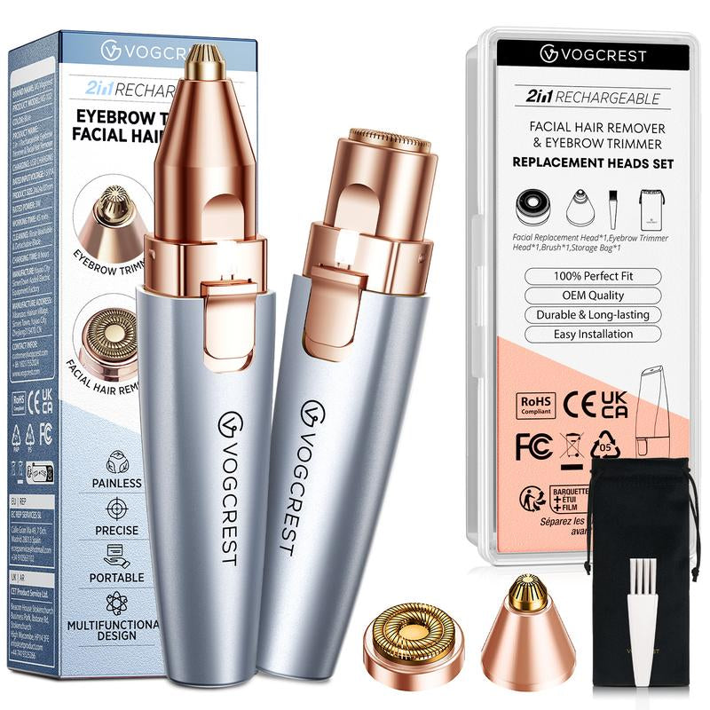 VG VOGCREST 2In1 Rechargeable Eyebrow Trimmer & Facial Hair Remover with LED Light - Painless Precision Shaver for Face, Lips, and Body - Comfort