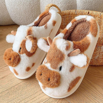 Cartoon Cow Cotton Slippers Winter Indoor Outdoor Slippers for Women