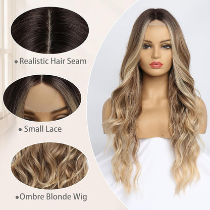 Ombre Dirty Blonde Wig for Women,26 Inch Wavy Nature Looking Wigs