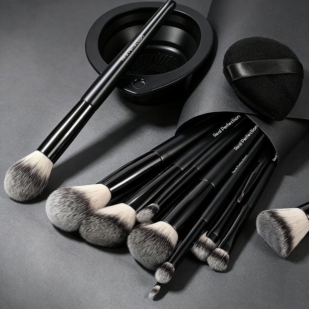 Makeup Brushes Set 14 Pcs with 1 Foldable Silicone Cleaner Bowl and 1 Powder Puff, Professional Foundation Eyeshadow Concealer Blush Powder Bronzer Make up Brushes Kit - Black