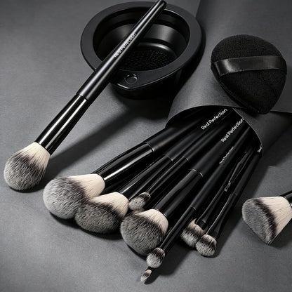 Makeup Brushes Set 14 Pcs with 1 Foldable Silicone Cleaner Bowl and 1 Powder Puff, Professional Foundation Eyeshadow Concealer Blush Powder Bronzer Make up Brushes Kit - Black