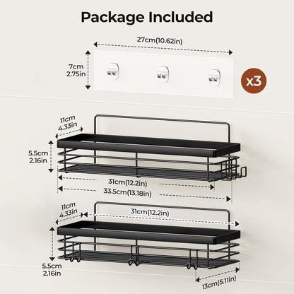 Shower Caddy with 5 Hooks for Hanging Razor and Sponge Adhesive Shower Shelf Basket Bathroom Storage Organizer Kitchen Rack No Drilling Stainless Steel Rustproof - 2 Pack,Black