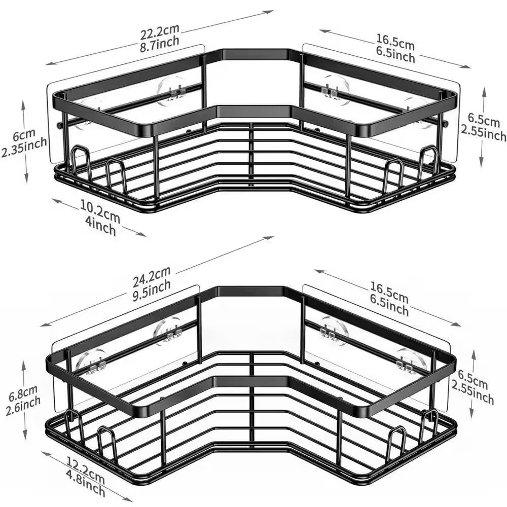 2-Pack Adhesive Stainless Steel Corner Shower Caddy Organizer Shelf with 8 Hooks