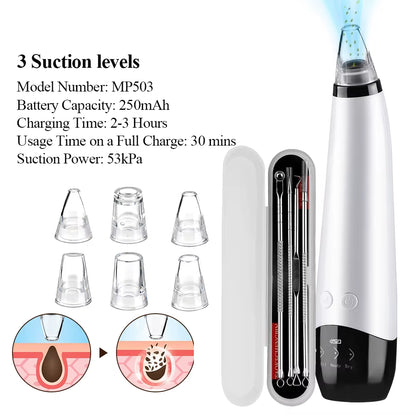 Blackhead Remover Facial Pore Cleaner 3 Suction Power Electric Pimple Acne Extractor Tool Face & Nose Whiteheads Vacuum Removal