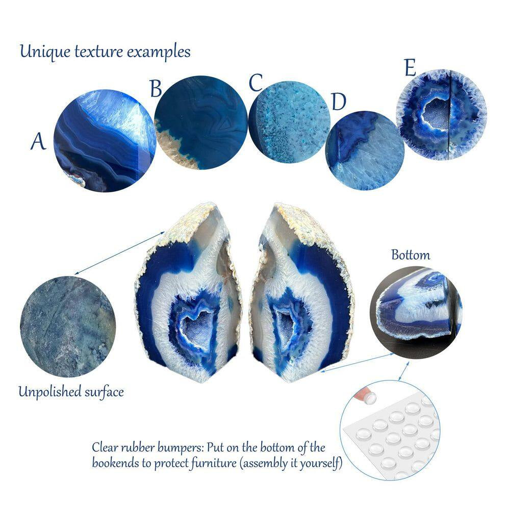 Natural Blue Agate Geode Bookends, Decorative Book Ends for Shelves, Stackable Book Stopper for Home Office Decor