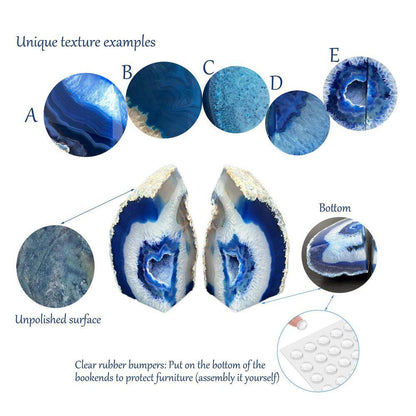 Natural Blue Agate Geode Bookends, Decorative Book Ends for Shelves, Stackable Book Stopper for Home Office Decor