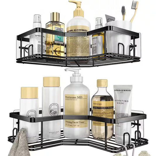 2-Pack Adhesive Stainless Steel Corner Shower Caddy Organizer Shelf with 8 Hooks
