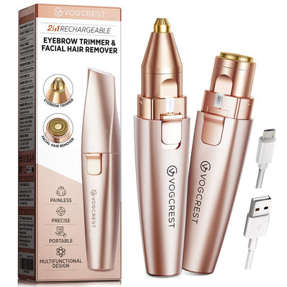 VG VOGCREST 2In1 Rechargeable Eyebrow Trimmer & Facial Hair Remover with LED Light - Painless Precision Shaver for Face, Lips, and Body - Comfort