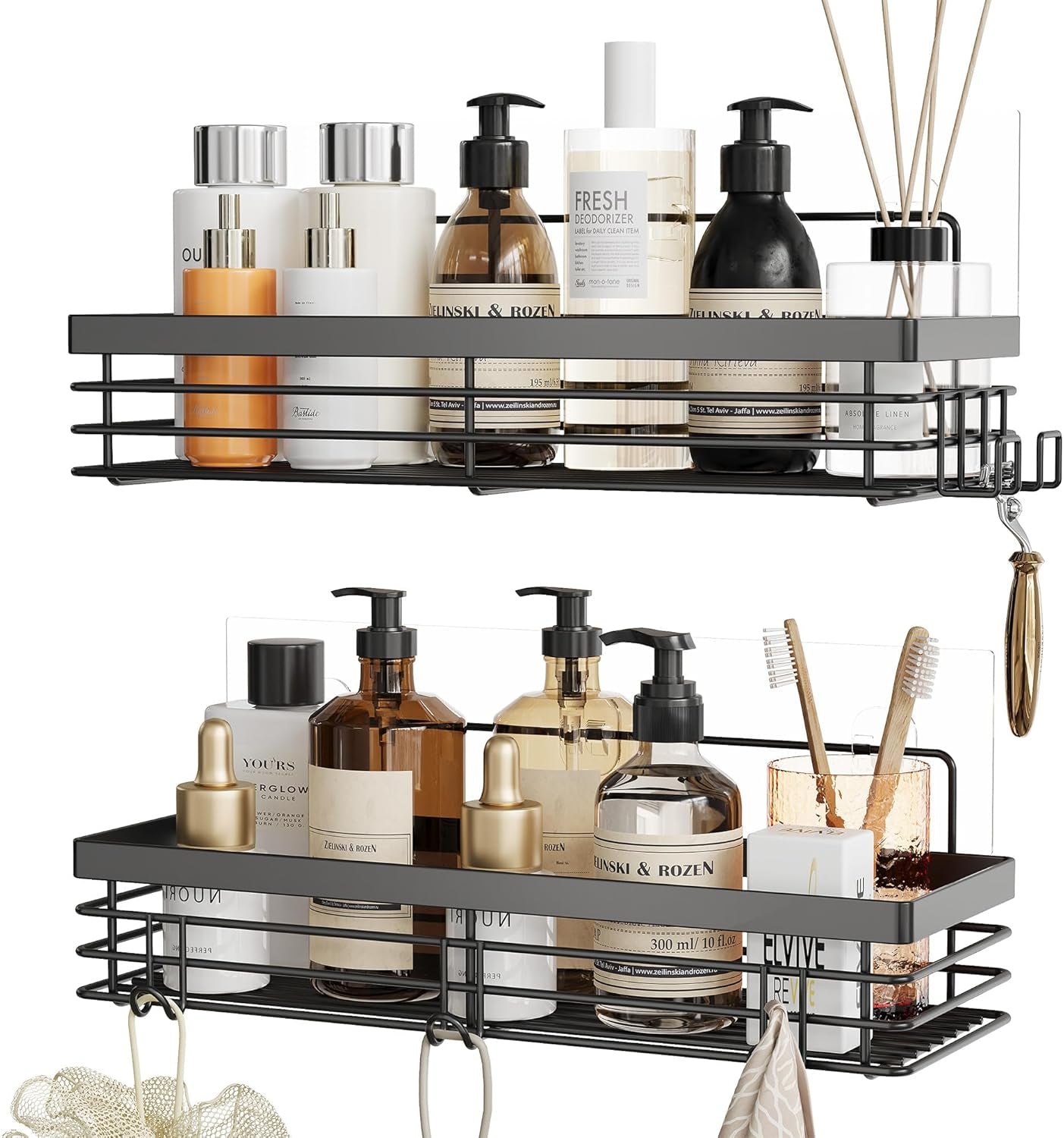 Shower Caddy with 5 Hooks for Hanging Razor and Sponge Adhesive Shower Shelf Basket Bathroom Storage Organizer Kitchen Rack No Drilling Stainless Steel Rustproof - 2 Pack,Black