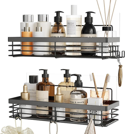 Shower Caddy with 5 Hooks for Hanging Razor and Sponge Adhesive Shower Shelf Basket Bathroom Storage Organizer Kitchen Rack No Drilling Stainless Steel Rustproof - 2 Pack,Black