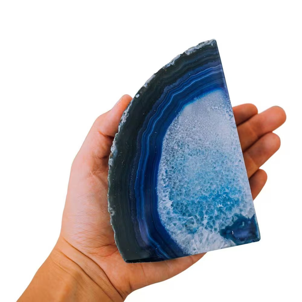 Natural Blue Agate Geode Bookends, Decorative Book Ends for Shelves, Stackable Book Stopper for Home Office Decor