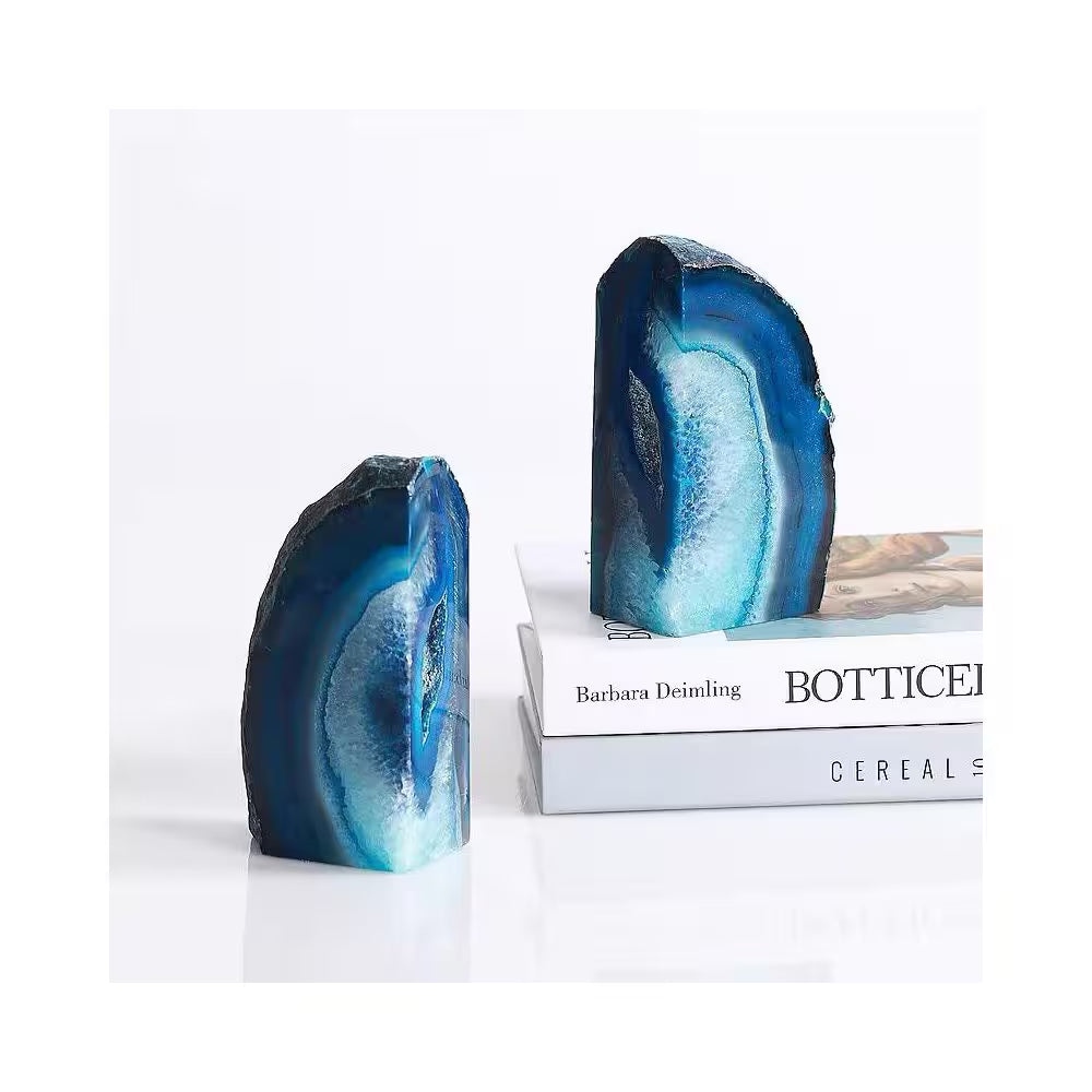 Natural Blue Agate Geode Bookends, Decorative Book Ends for Shelves, Stackable Book Stopper for Home Office Decor