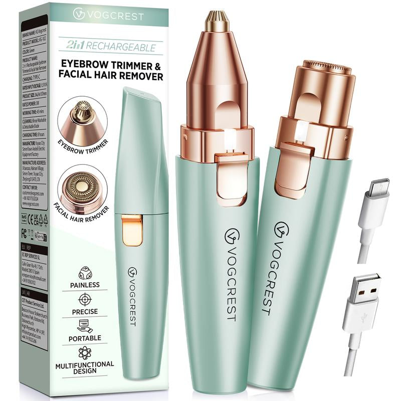 VG VOGCREST 2In1 Rechargeable Eyebrow Trimmer & Facial Hair Remover with LED Light - Painless Precision Shaver for Face, Lips, and Body - Comfort
