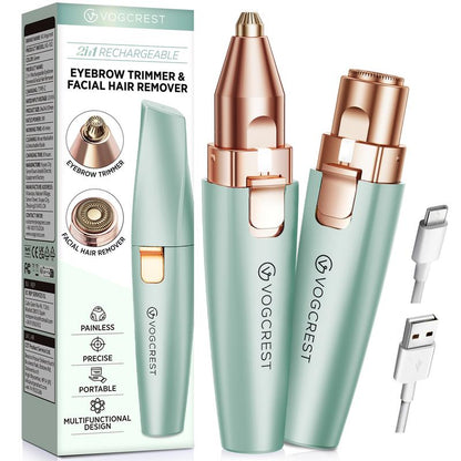 VG VOGCREST 2In1 Rechargeable Eyebrow Trimmer & Facial Hair Remover with LED Light - Painless Precision Shaver for Face, Lips, and Body - Comfort