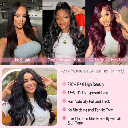 30 Inch 13X6 Body Wave Lace Front Wigs Human Hair Pre Plucked 220% Density Thick Real Virgin Human Hair Wig Invisilbe Hairline Tiny Knots Body Wave HD Lace Frontal Wigs 3X Longer Lifespan