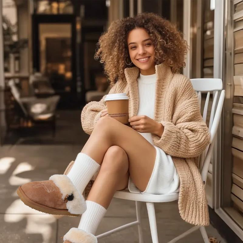 OOW Western Fluffy Slippers for Women with Memory Foam Comfy Houes Cowgirl Boot Slippers for Bedroom Indoor Square Toe Winter Walking Shoes Chestnut