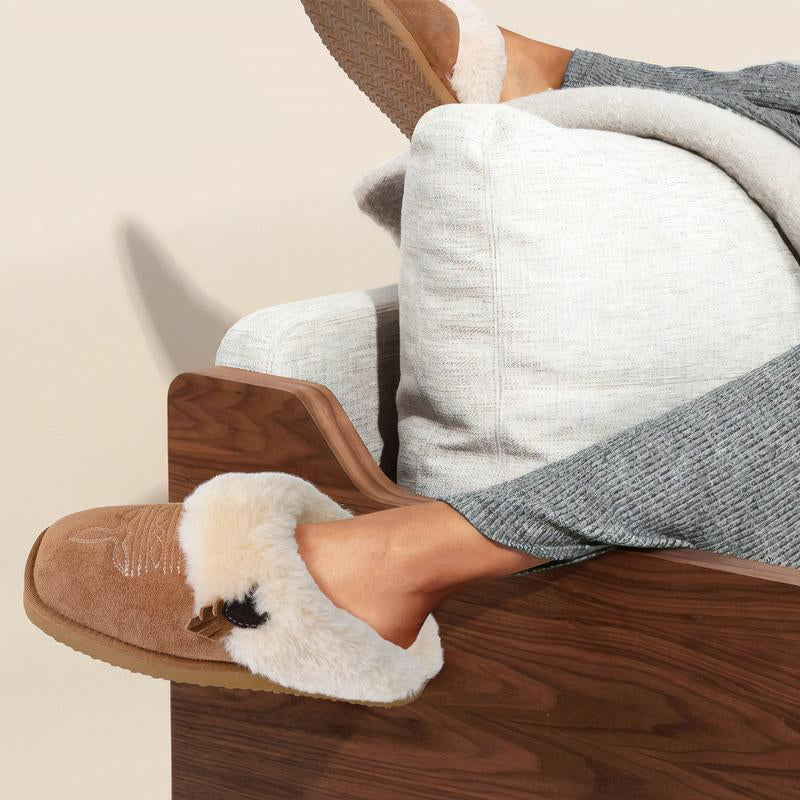 OOW Western Fluffy Slippers for Women with Memory Foam Comfy Houes Cowgirl Boot Slippers for Bedroom Indoor Square Toe Winter Walking Shoes Chestnut