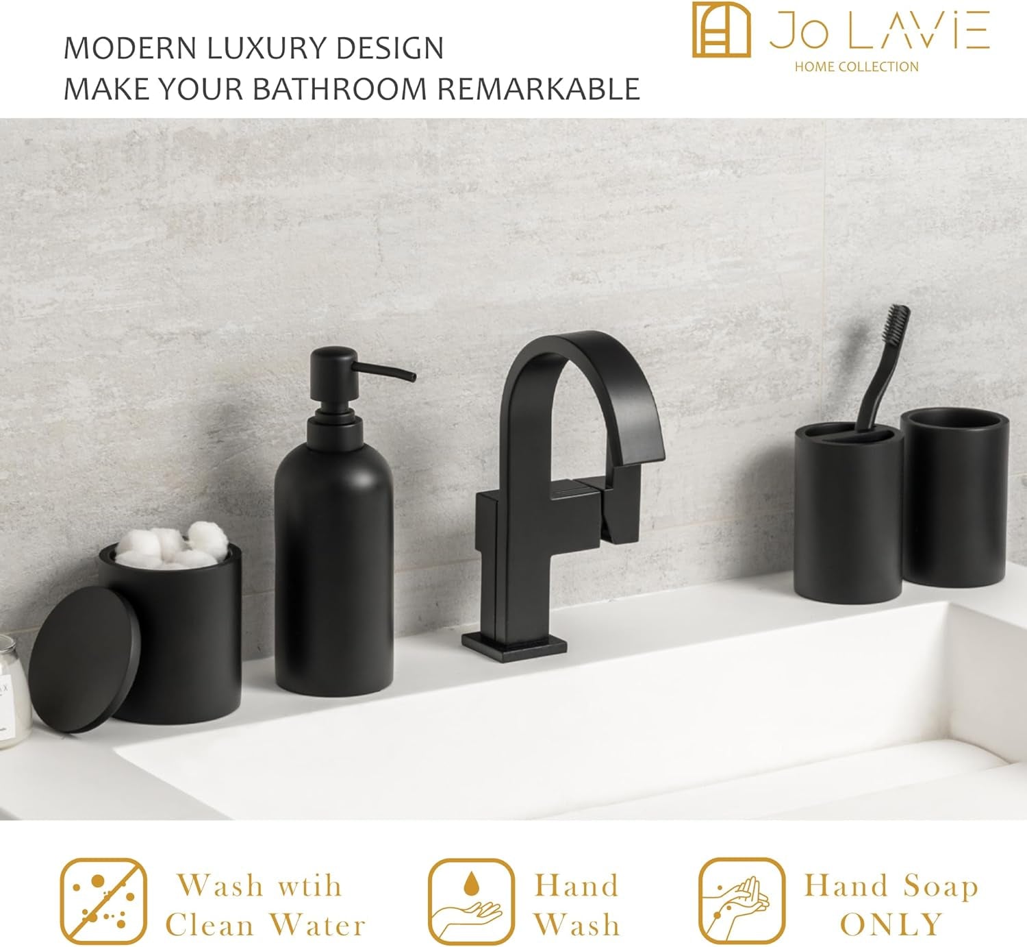 Bathroom Accessory Set - 4 Pcs Matte Black Bathroom Set with Toothbrush Holder, Soap Dispenser, Tumbler & Cotton Swab Jar - Bathroom Vanity Countertop Organizer, Bathroom Decor Sets