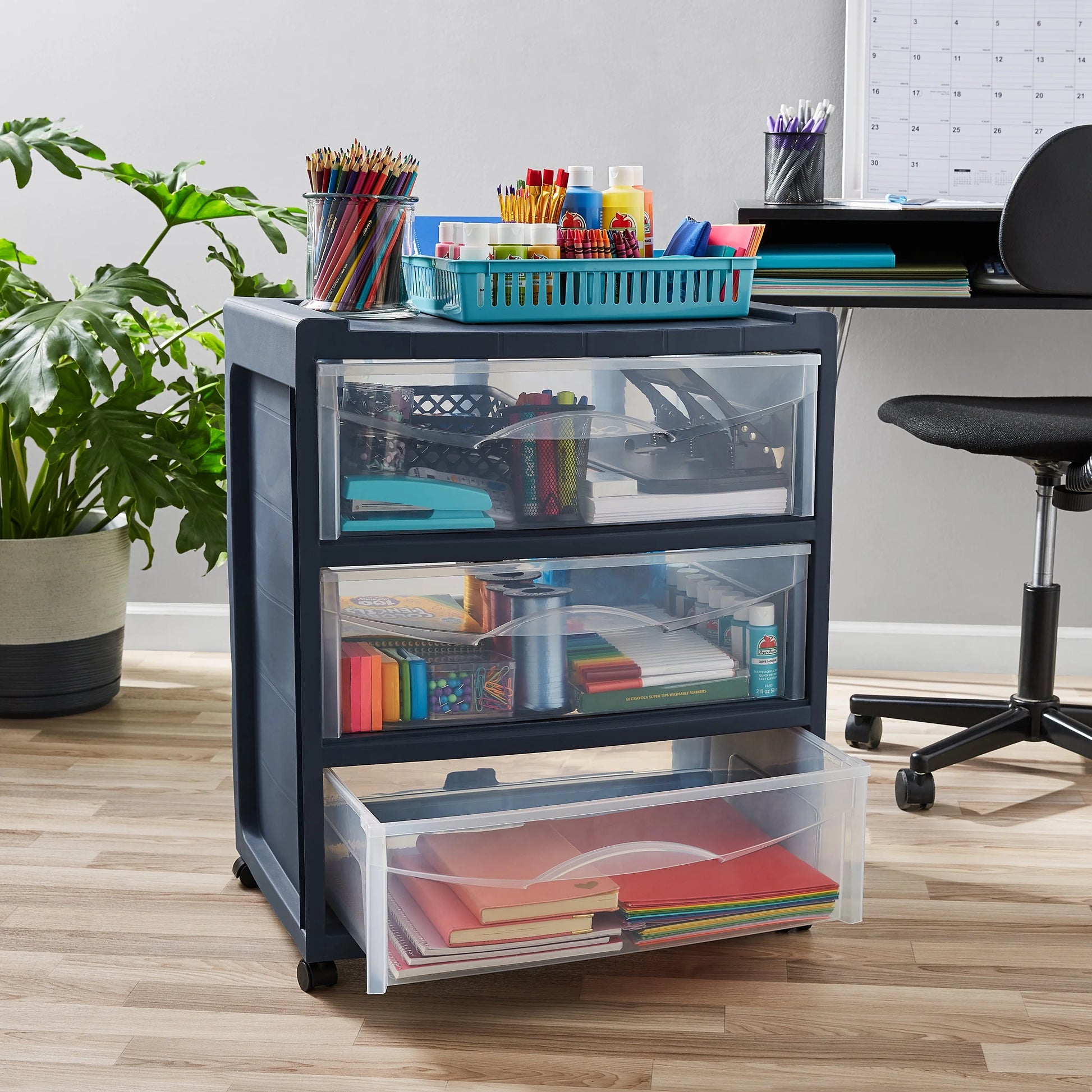 3 Drawer Wide Storage Cart, Gray