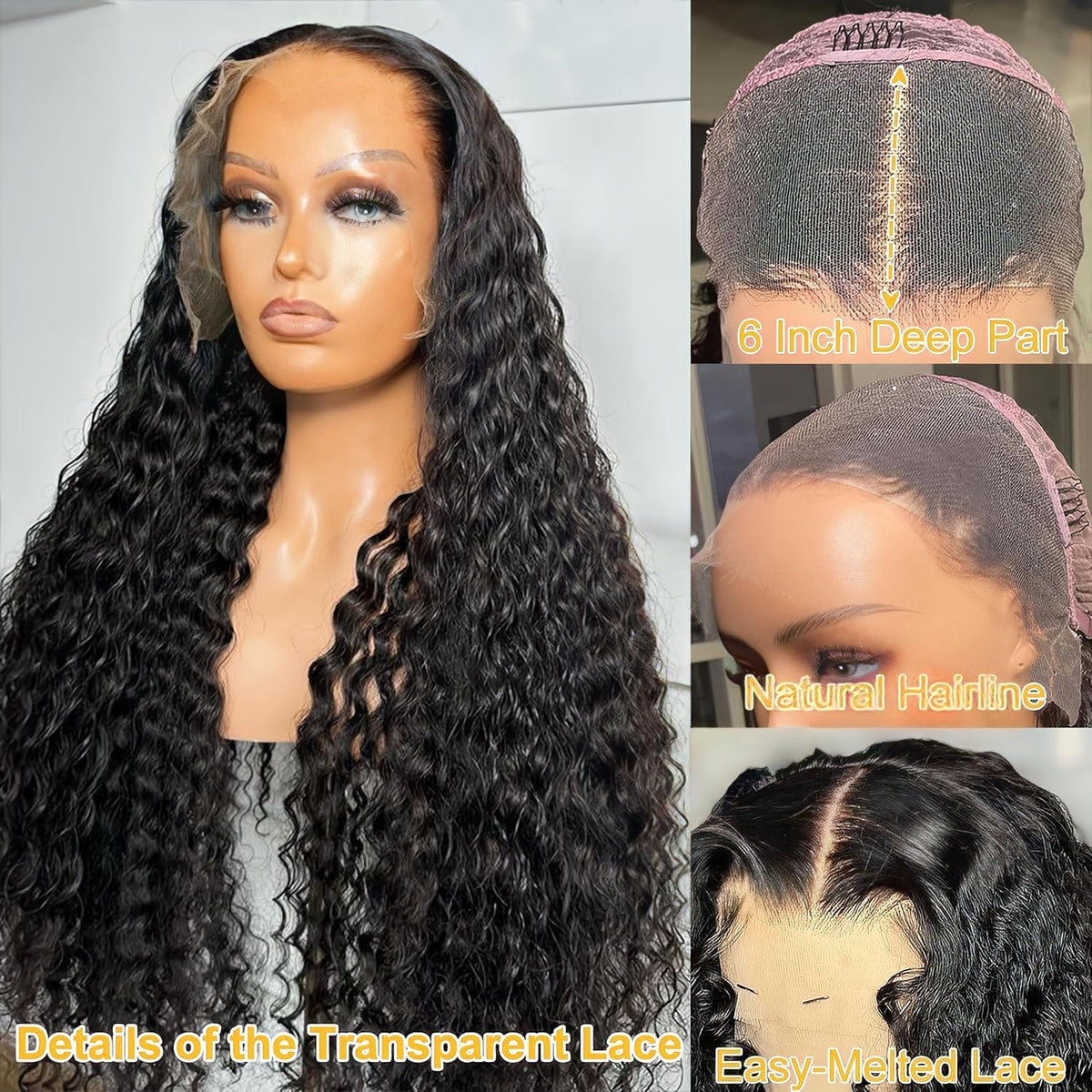 Bling Hair 38 Inch Deep Wave Lace Front Wigs Human Hair Glueless Deep Curly Wigs for Women 200% Density 13X6 Lace Frontal Wet and Wavy Wigs Human Hair Pre Plucked with Natural Hairline Natural Color