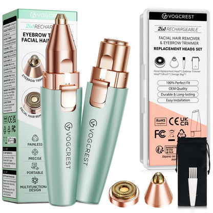 VG VOGCREST 2In1 Rechargeable Eyebrow Trimmer & Facial Hair Remover with LED Light - Painless Precision Shaver for Face, Lips, and Body - Comfort