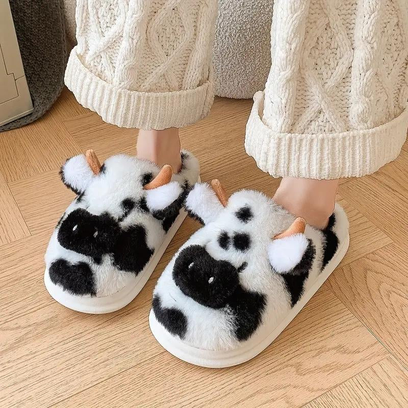 Cartoon Cow Cotton Slippers Winter Indoor Outdoor Slippers for Women