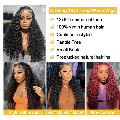 Bling Hair 38 Inch Deep Wave Lace Front Wigs Human Hair Glueless Deep Curly Wigs for Women 200% Density 13X6 Lace Frontal Wet and Wavy Wigs Human Hair Pre Plucked with Natural Hairline Natural Color