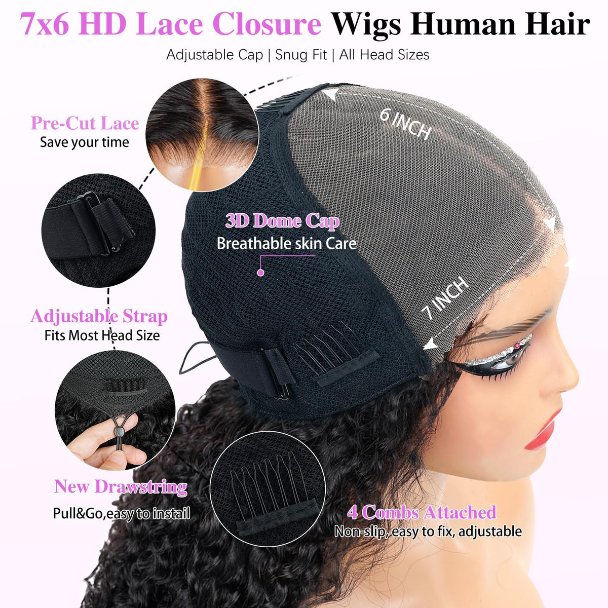 7X6 Burmese Curly Glueless Wigs Human Hair Pre Plucked Pre Cut 250% Density Drawstring Wig for Black Women 7X6 HD Lace Front Wigs Human Hair Glueless Wear and Go Natural Color 24 Inch