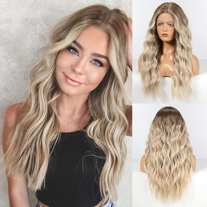 Long Ombre Blonde Lace Front Wig for Women,25 Inch Natural Wavy Daily Hair Synthetic Lace Wigs Middle Part,Hand Tied/Longlife/Lightweight