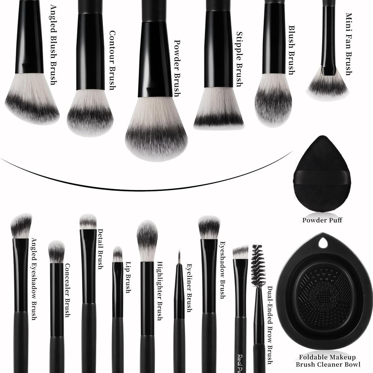 Makeup Brushes Set 14 Pcs with 1 Foldable Silicone Cleaner Bowl and 1 Powder Puff, Professional Foundation Eyeshadow Concealer Blush Powder Bronzer Make up Brushes Kit - Black