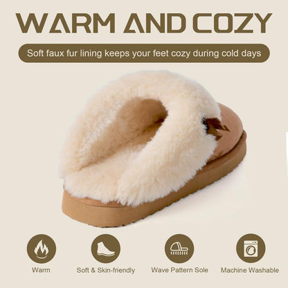 OOW Western Fluffy Slippers for Women with Memory Foam Comfy Houes Cowgirl Boot Slippers for Bedroom Indoor Square Toe Winter Walking Shoes Chestnut