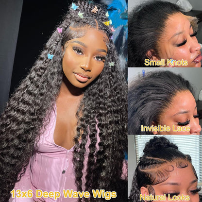 Bling Hair 38 Inch Deep Wave Lace Front Wigs Human Hair Glueless Deep Curly Wigs for Women 200% Density 13X6 Lace Frontal Wet and Wavy Wigs Human Hair Pre Plucked with Natural Hairline Natural Color