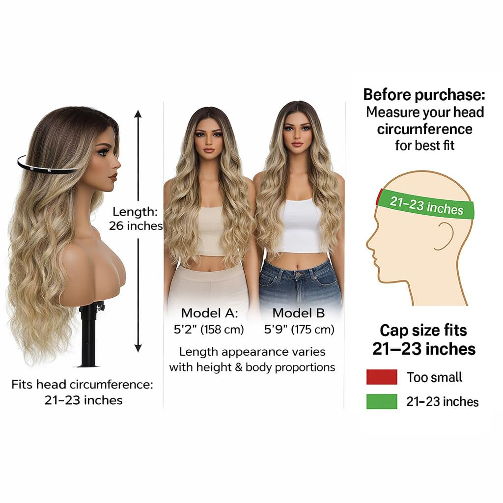 Blonde Wig for Women,26 Inch Long Wavy Curly Middle Part Hair
