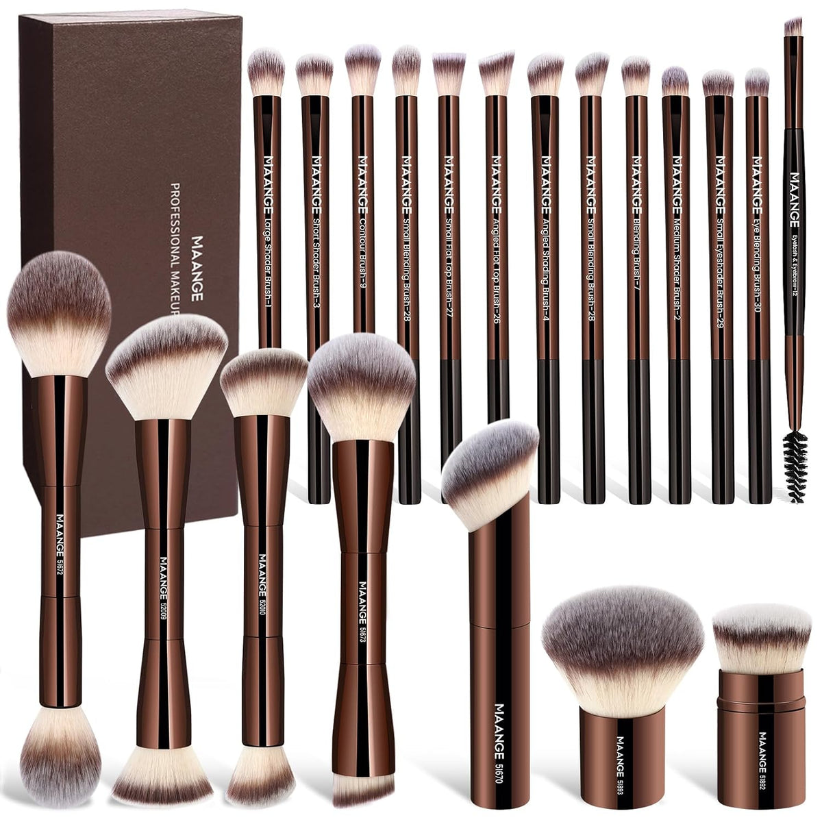 20 Pcs Makeup Brushes with Gift Box, Double-End Multi-Functional Makeup Brushes for Blending Liquid Powder Concealer Cream Blush Buffe,Coffeebrown