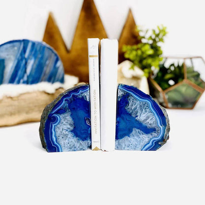 Natural Blue Agate Geode Bookends, Decorative Book Ends for Shelves, Stackable Book Stopper for Home Office Decor