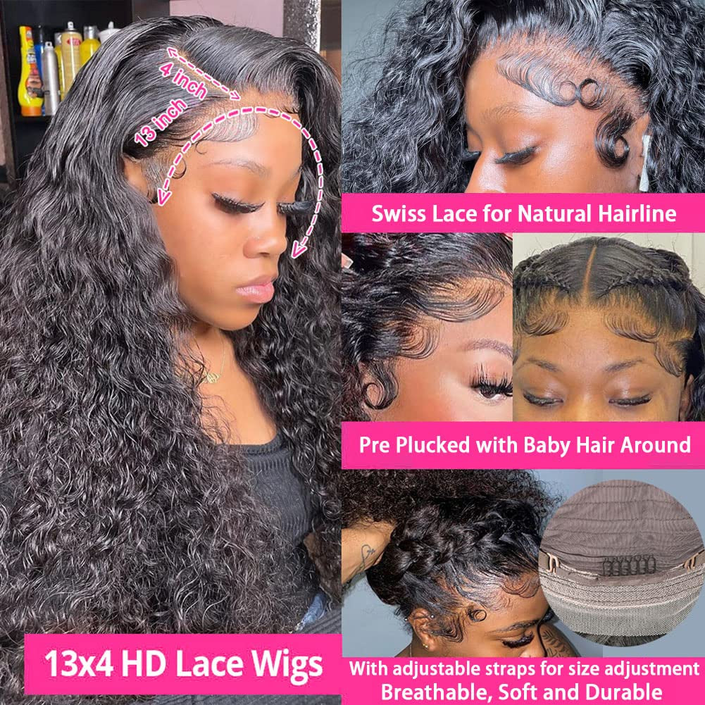 13X4 Deep Wave Lace Front Wigs Human Hair 180% Density Deep Wave Frontal Wigs Human Hair HD Lace 26 Inch Curly Wigs for Black Women Pre Plucked with Baby Hair Curly Lace Front Wig