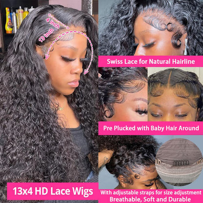 13X4 Deep Wave Lace Front Wigs Human Hair 180% Density Deep Wave Frontal Wigs Human Hair HD Lace 26 Inch Curly Wigs for Black Women Pre Plucked with Baby Hair Curly Lace Front Wig