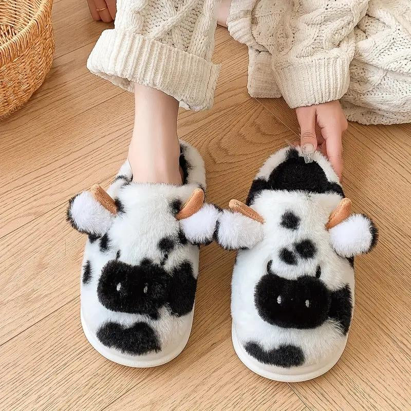 Cartoon Cow Cotton Slippers Winter Indoor Outdoor Slippers for Women