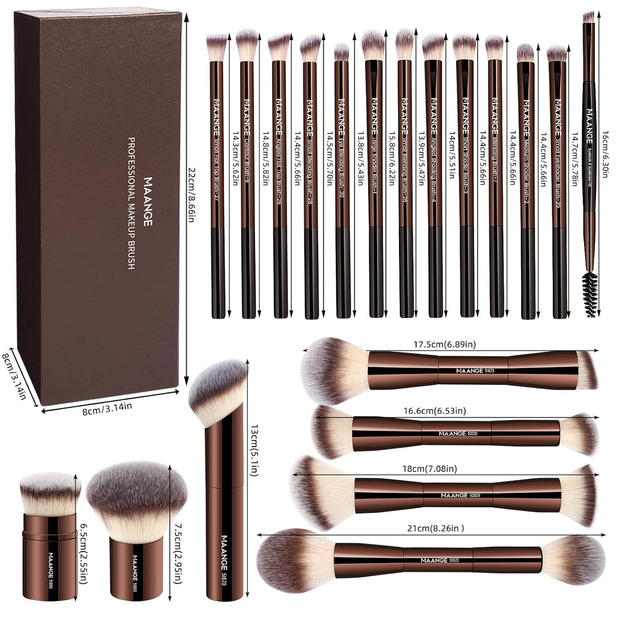 20 Pcs Makeup Brushes with Gift Box, Double-End Multi-Functional Makeup Brushes for Blending Liquid Powder Concealer Cream Blush Buffe,Coffeebrown