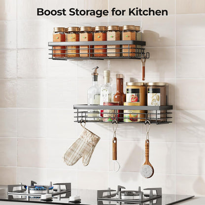 Shower Caddy with 5 Hooks for Hanging Razor and Sponge Adhesive Shower Shelf Basket Bathroom Storage Organizer Kitchen Rack No Drilling Stainless Steel Rustproof - 2 Pack,Black