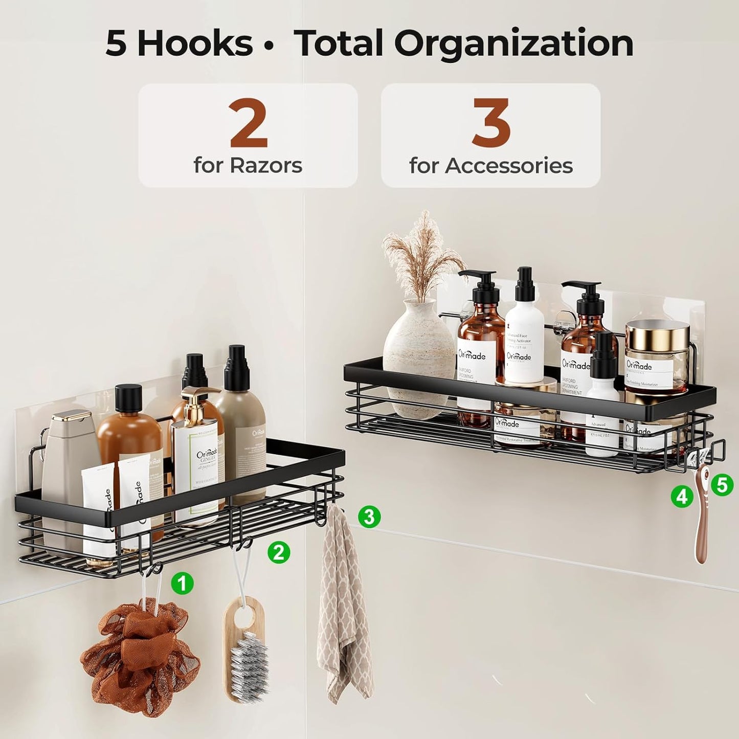 Shower Caddy with 5 Hooks for Hanging Razor and Sponge Adhesive Shower Shelf Basket Bathroom Storage Organizer Kitchen Rack No Drilling Stainless Steel Rustproof - 2 Pack,Black